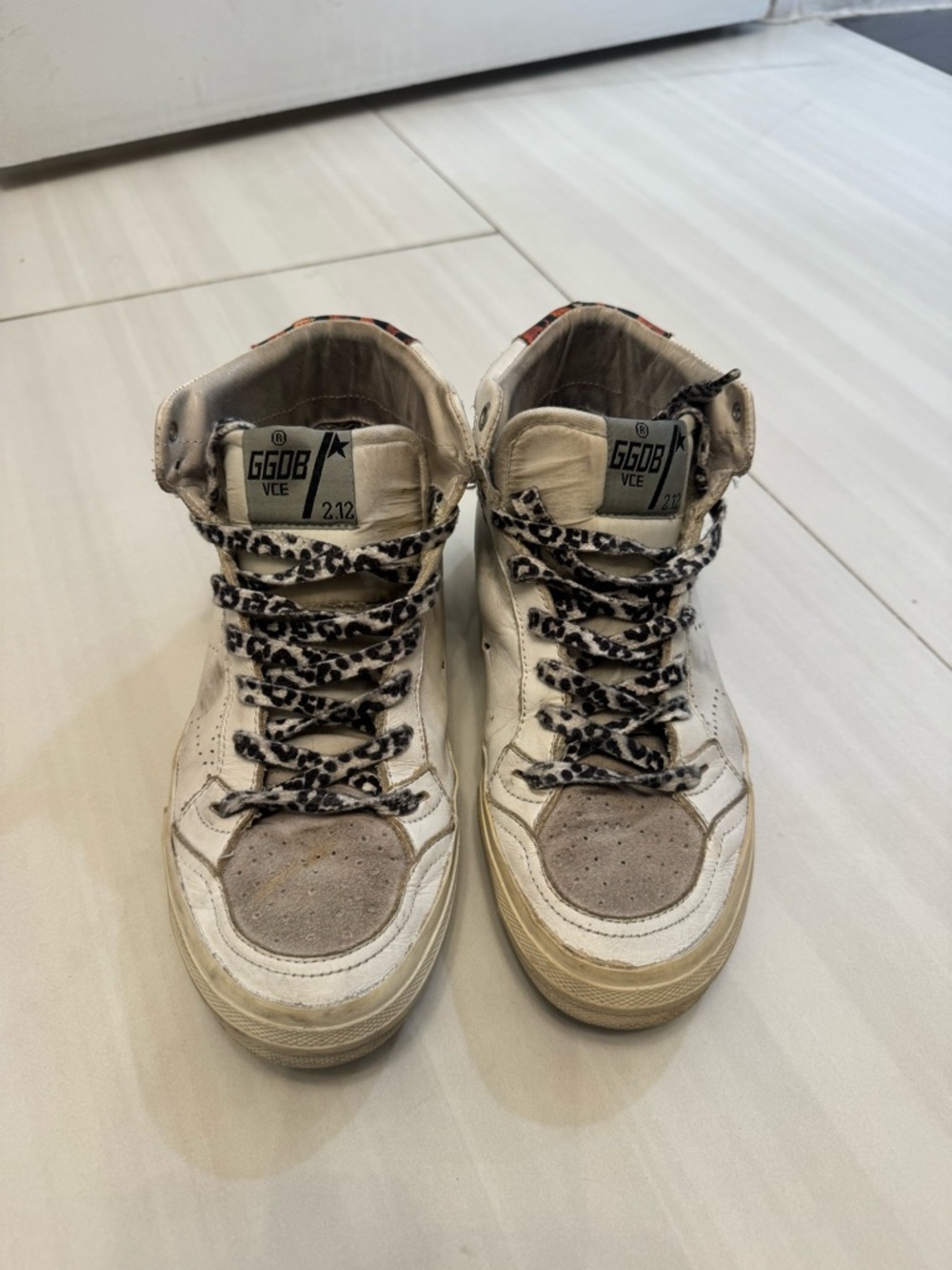 Golden Goose White and Beige High-Top Sneakers with Leopard Laces. Preloved